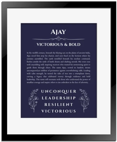 Ajay name origin print with meaning and traits in navy blue with black matte frame