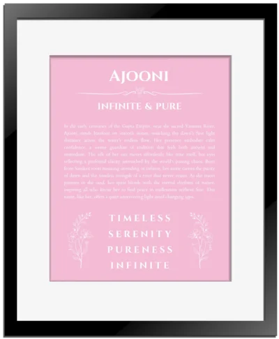 Ajooni personalized name art with origin story in light pink with black matte frame