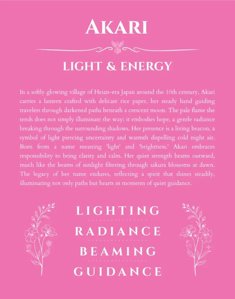 Akari name origin print with meaning and traits in pink