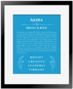 Akira name origin print with meaning and traits in blue with black matte frame