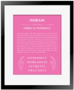 Akram personalized name meaning print in pink with black matte frame