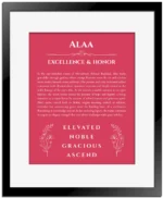 Alaa personalized name art with origin story in red with black matte frame
