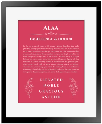 Alaa personalized name art with origin story in red with black matte frame
