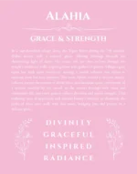 Alahia custom name art showing meaning and origin in light pink