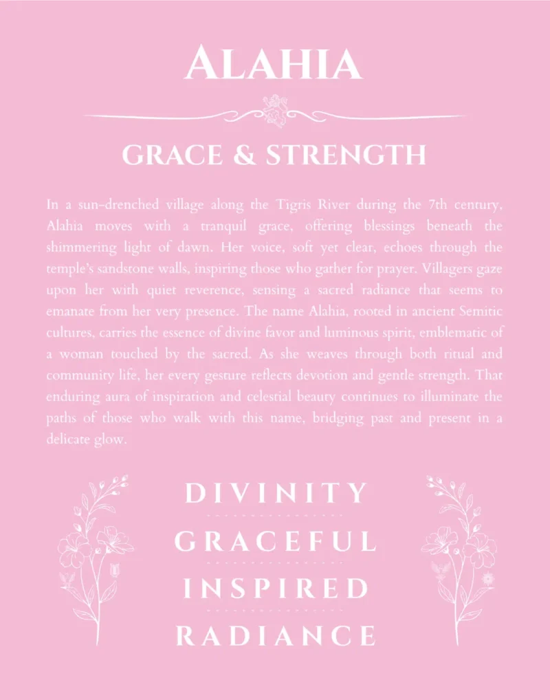 Alahia custom name art showing meaning and origin in light pink