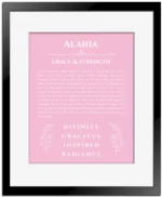Alahia custom name art showing meaning and origin in light pink with black matte frame