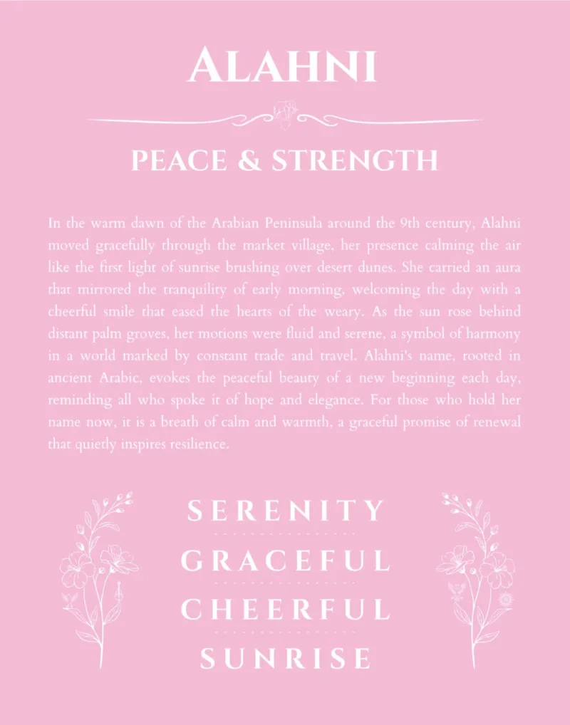 Alahni personalized name print with origin and traits in light pink