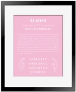 Alahni personalized name print with origin and traits in light pink with black matte frame