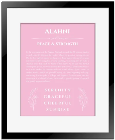 Alahni personalized name print with origin and traits in light pink with black matte frame
