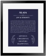 Alaia personalized name print with origin and traits in navy blue with black matte frame