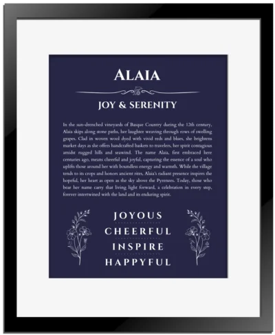Alaia personalized name print with origin and traits in navy blue with black matte frame