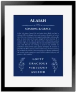 Alaiah custom name meaning print in deep blue with black matte frame