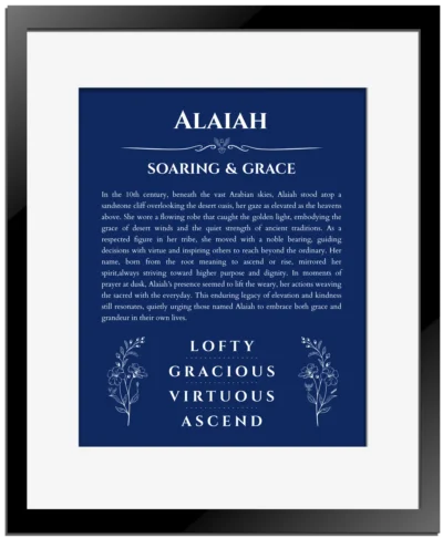 Alaiah custom name meaning print in deep blue with black matte frame
