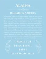 Alaina custom name art showing meaning and origin in light blue