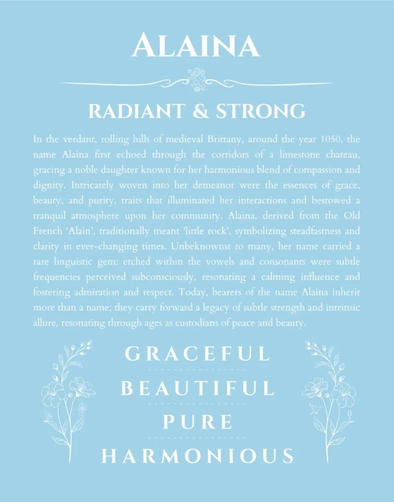 Alaina custom name art showing meaning and origin in light blue