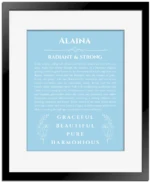 Alaina custom name art showing meaning and origin in light blue with black matte frame