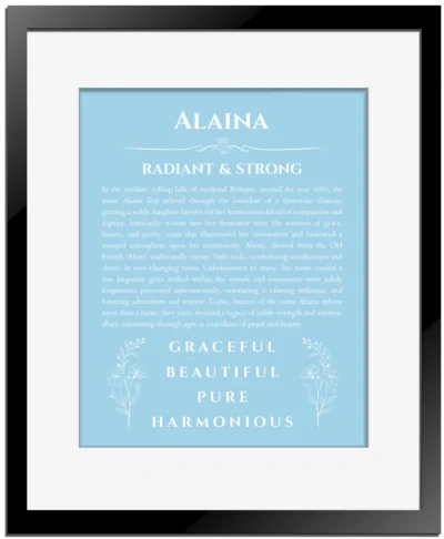Alaina custom name art showing meaning and origin in light blue with black matte frame