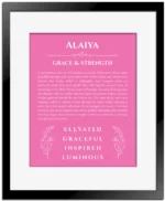 Alaiya personalized name meaning print in pink with black matte frame