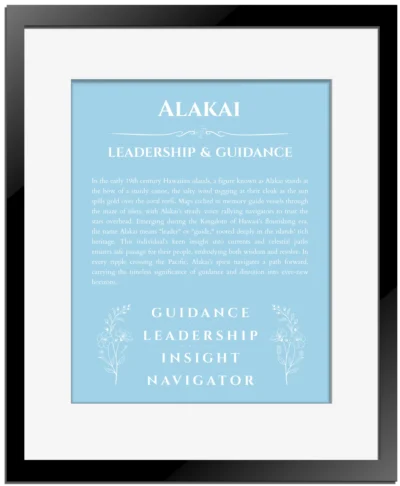 Alakai name meaning wall art by Get Your Story in light blue with black matte frame