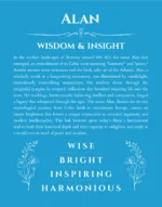 Alan custom name art showing meaning and origin in blue