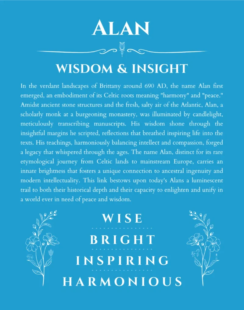Alan custom name art showing meaning and origin in blue