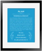 Alan custom name art showing meaning and origin in blue with black matte frame