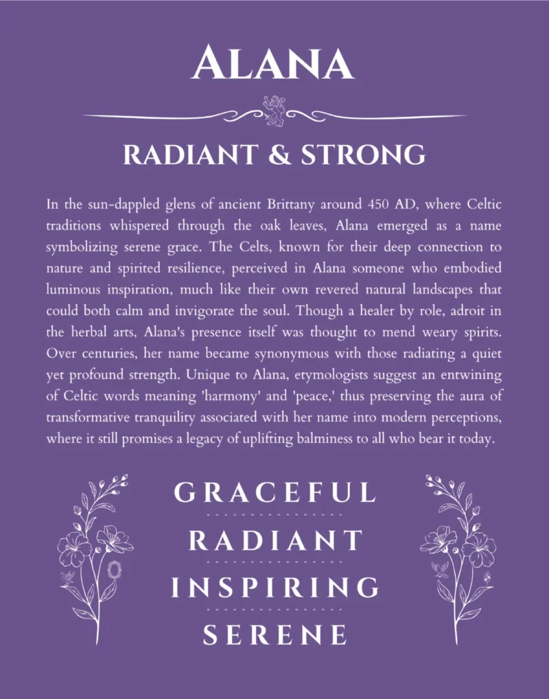 Alana custom name art showing meaning and origin in purple