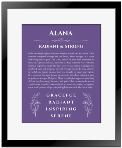 Alana custom name art showing meaning and origin in purple with black matte frame