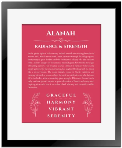Alanah custom name meaning print in red with black matte frame