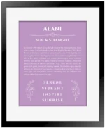 Alani custom name meaning print in light purple with black matte frame