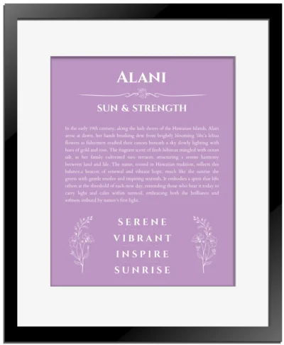 Alani custom name meaning print in light purple with black matte frame