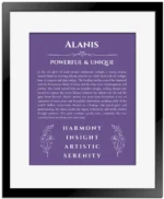 Alanis name meaning gift print in purple with black matte frame
