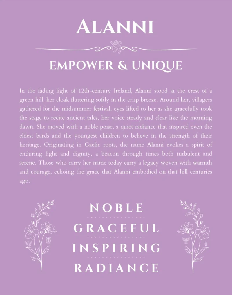 Alanni personalized name art with origin story in light purple