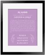 Alanni personalized name art with origin story in light purple with black matte frame