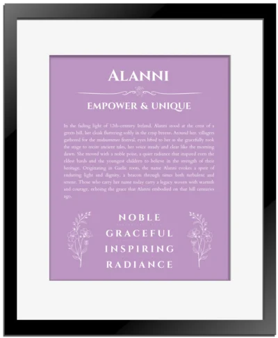 Alanni personalized name art with origin story in light purple with black matte frame