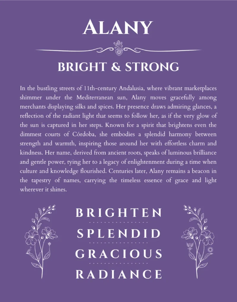 Alany name origin print with meaning and traits in purple