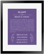 Alany name origin print with meaning and traits in purple with black matte frame