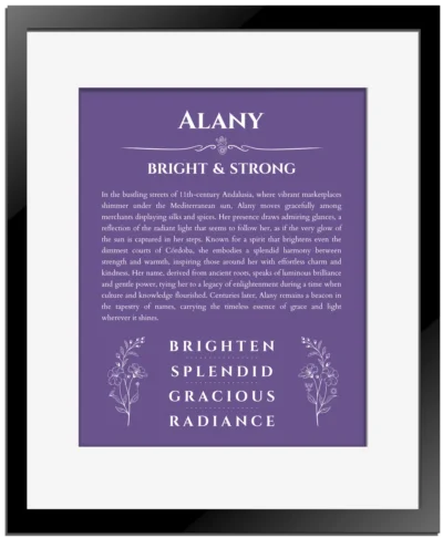 Alany name origin print with meaning and traits in purple with black matte frame