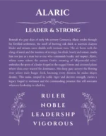 Alaric name origin print with meaning and traits in purple