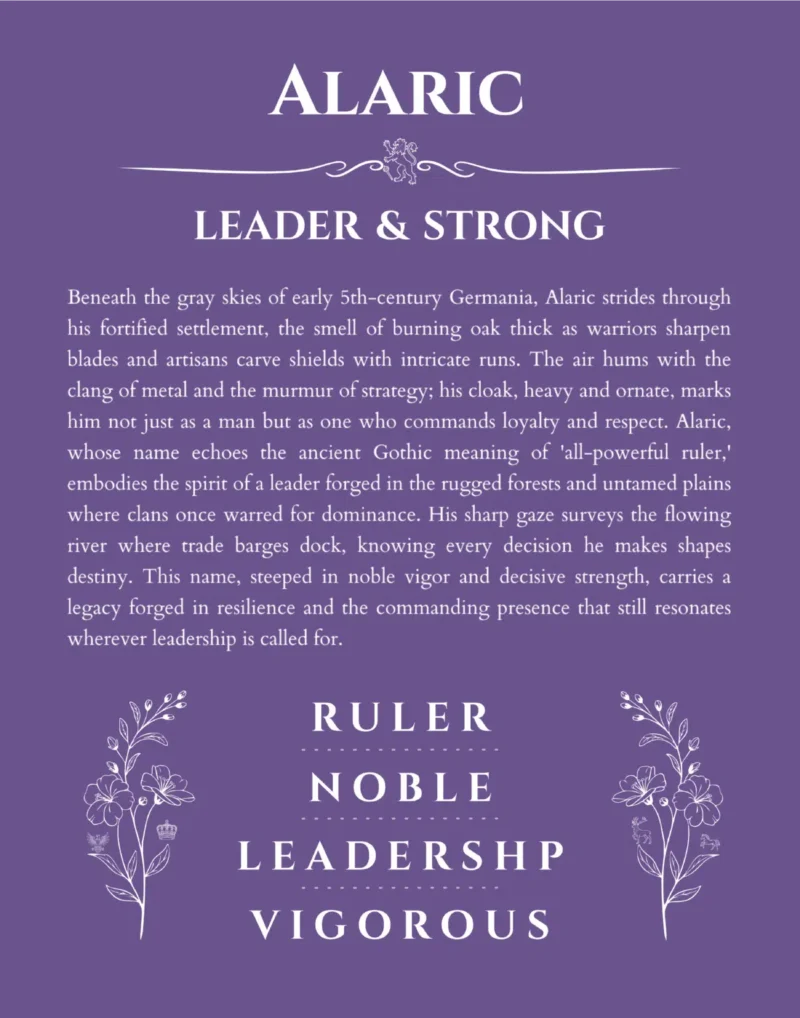 Alaric name origin print with meaning and traits in purple