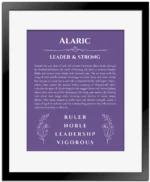 Alaric name origin print with meaning and traits in purple with black matte frame
