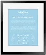 Alaska custom name art showing meaning and origin in light blue with black matte frame