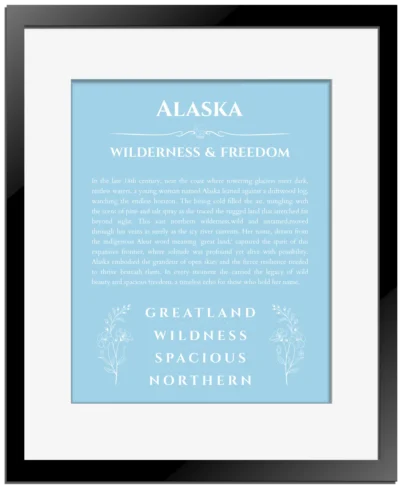 Alaska custom name art showing meaning and origin in light blue with black matte frame