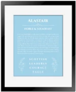 Alastair custom name meaning print in light blue with black matte frame