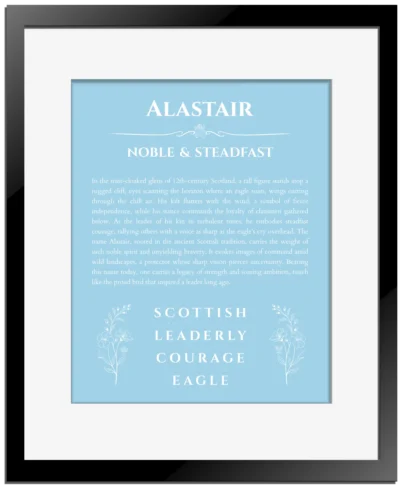 Alastair custom name meaning print in light blue with black matte frame