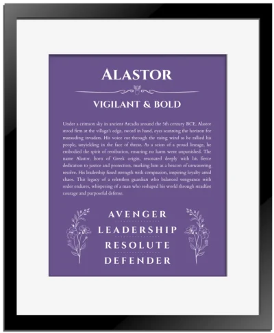 Alastor custom name print for wall display in purple with black matte frame