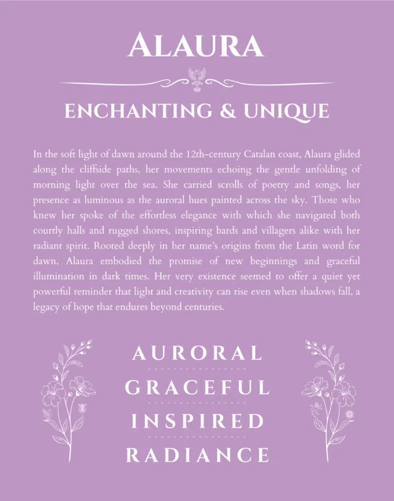 Alaura personalized name art with origin story in light purple
