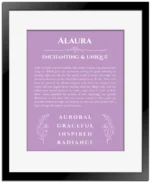 Alaura personalized name art with origin story in light purple with black matte frame