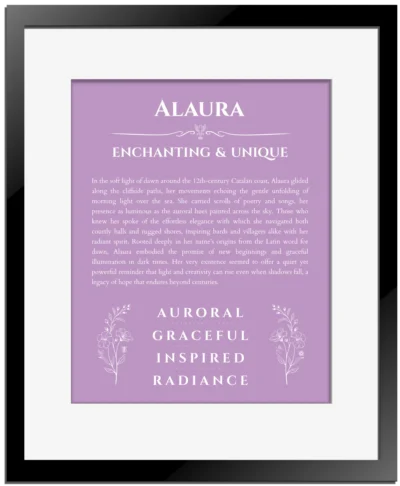 Alaura personalized name art with origin story in light purple with black matte frame