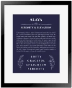 Alaya custom name meaning print in navy blue with black matte frame